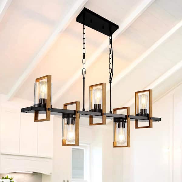 Retro 5-light Wood Frame Farmhouse Metal Geometric Linear Chandelier Light Fixture for Kitchen Island Dinning Room Foyer