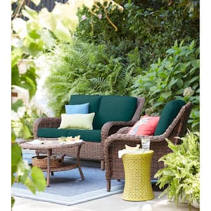 Cambridge Brown Wicker Outdoor Patio Loveseat with CushionGuard Malachite Green Cushions