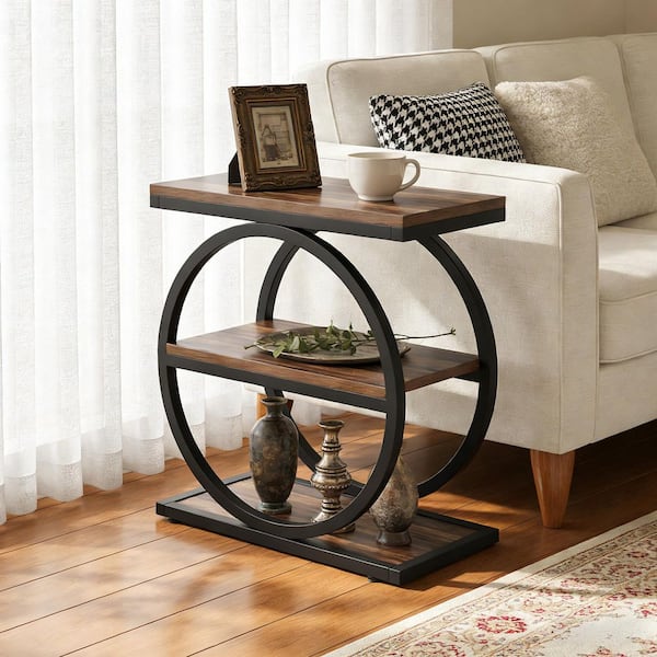 24 in. Dark Brown Rectangle Wood End Table with 3 Tiers Storage Shelves and Adjustable Foot Pads, Easy Assembly