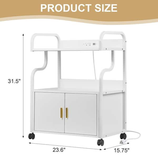 Rolling Side Table with Charging Station, 31.5 in. Accent Storage Cabinet, 3-Tier Printer Stand on Wheels, White Style 2