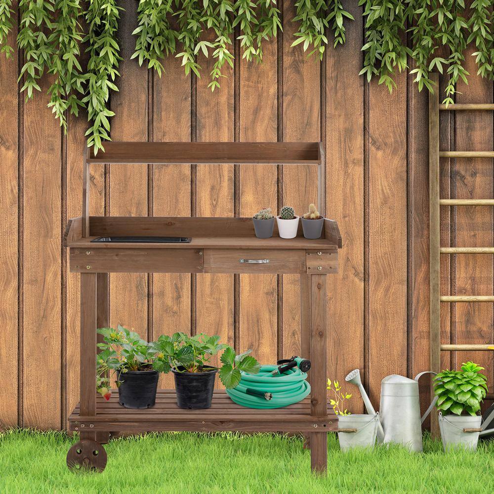 36'' Brown Solid Wood Potting Bench with Sink and Wheels