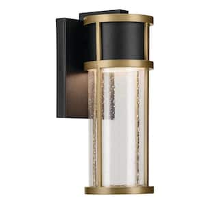 Camillo 12 in. 1-Light Textured Black and Brass Modern Outdoor Hardwired Wall Lantern Sconce with Integrated LED