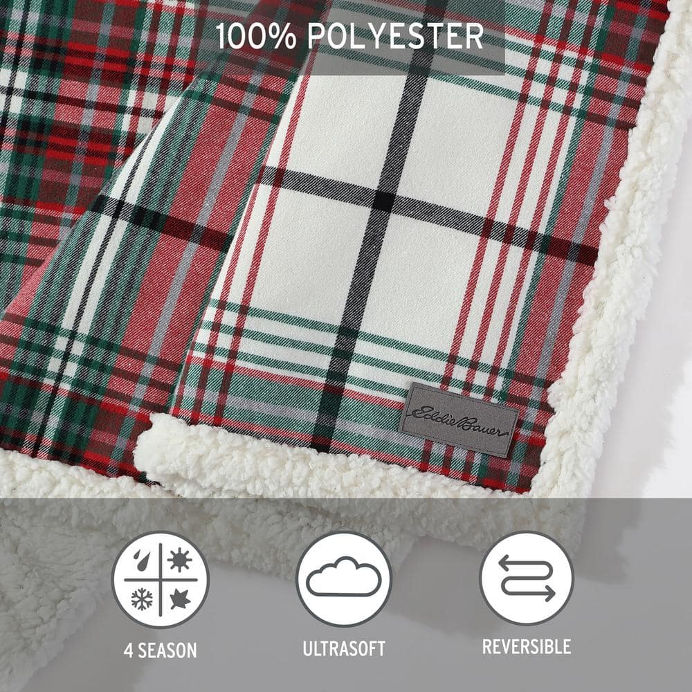 60" Red and Green Plaid Reversible Sherpa Cotton Throw Blanket