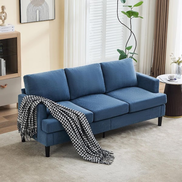 76 in. W Square Arm Fabric Sofa Rectangle 3-Seater Sofa in Blue