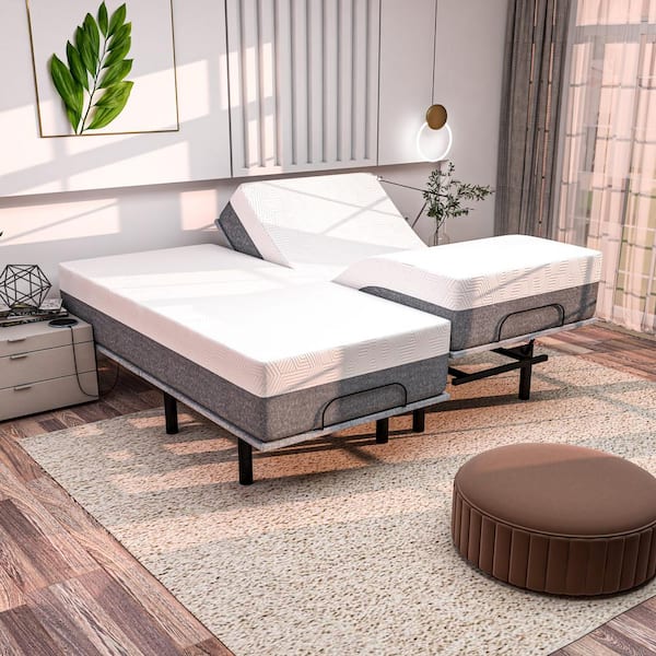 Gray Split-King Adjustable Bed Frame USB, APP, Massage, Head/Foot Incline, Under Bed Light with 12 in. Hybrid Mattress