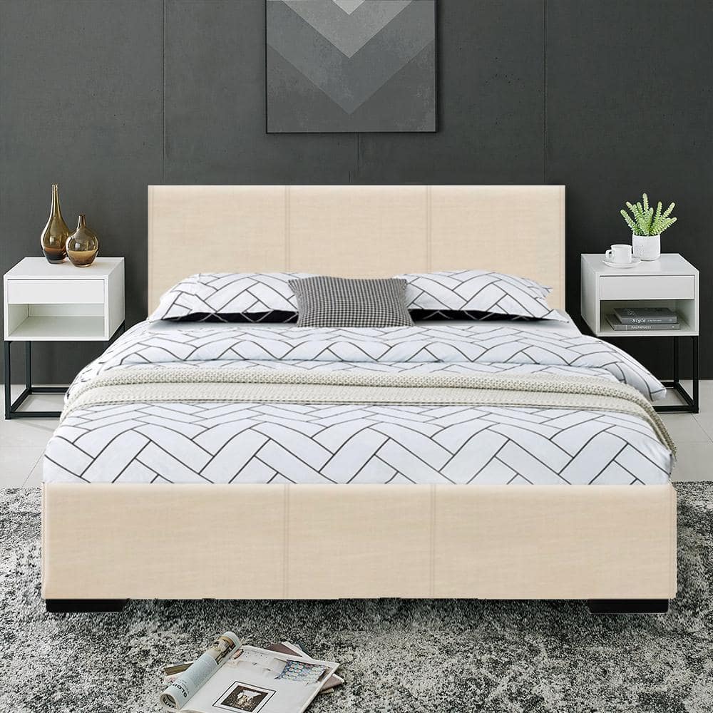 Abbey Beige Full Upholstered Faux Leather Platform Bed with Headboard