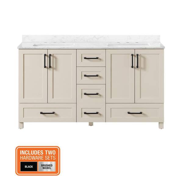 Tobana 60 in. Double Sink Beige Bath Vanity with White Engineered Marble Top (Assembled)