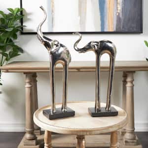 Silver Aluminum Metal Tall Slim Elephant Sculpture with Black Marble Base Set of 2