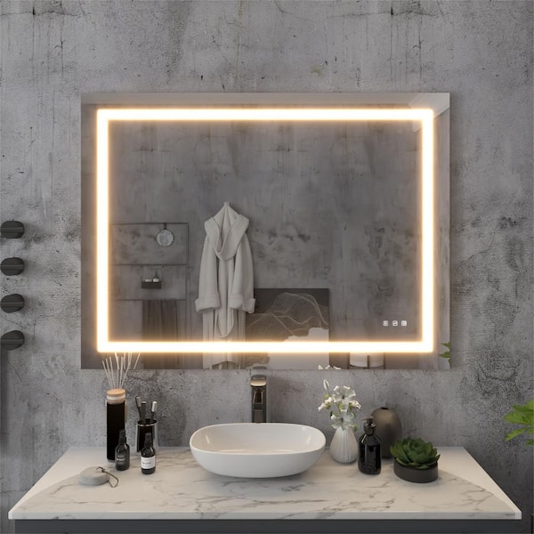ONWITH 48 in. W x 36 in. H Rectangular Frameless LED Light Anti-Fog Wall Bathroom Vanity Mirror with Front Light