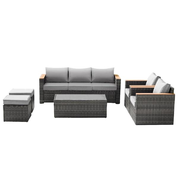 Unbranded 6-Piece All-Weather Gray PE Rattan Wicker Outdoor Patio Sectional Sofa Set with Gray Cushions and Ottoman