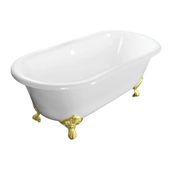 Aqua Eden 60 in. x 30.5 in. Cast Iron Oval Clawfoot Soaking Bathtub in White/Polished Brass