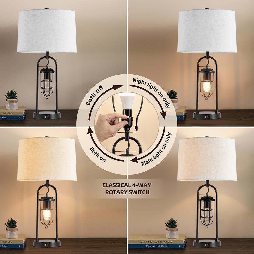 Industrial Black Arc Table Lamp with USB Ports and Fabric Shade