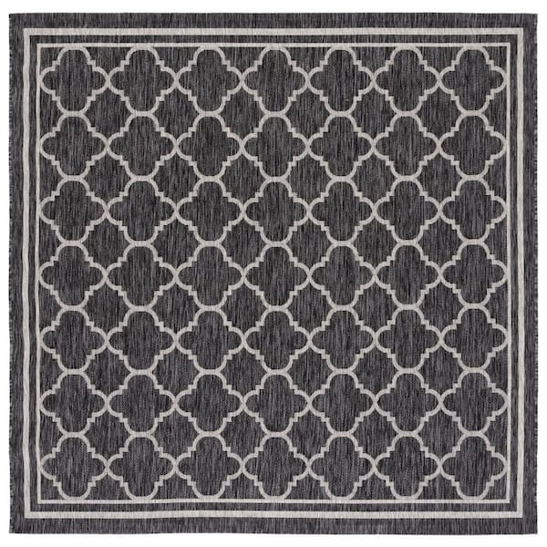 Courtyard Black Charcoal 7 ft. x 7 ft. Border Quatrefoil Indoor/Outdoor Square Area Rug