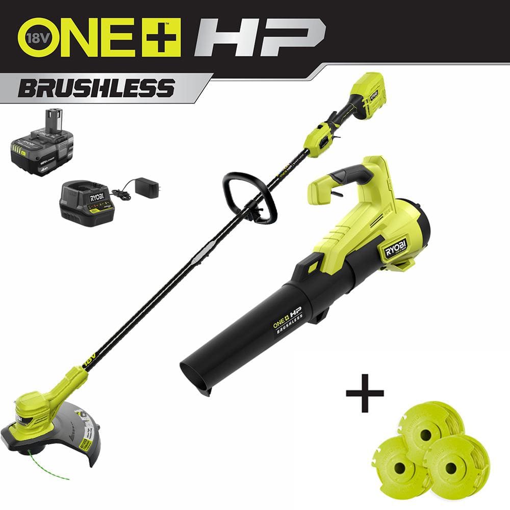 RYOBI ONE+ HP 18V Brushless Cordless Battery String Trimmer  Leaf Blower  w/ Extra 3-Pack of Spools, 4.0 Ah Battery  Charger P20121-AC The Home  Depot