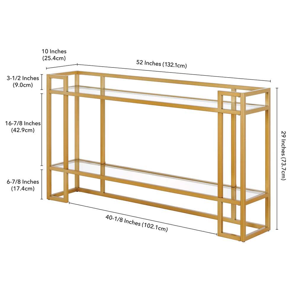 Art Deco-Inspired Brass Console Table with Tempered Glass Shelf