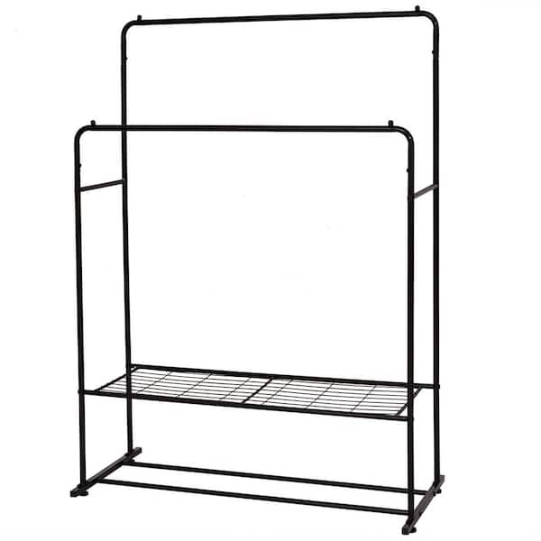 Huluwat Black Metal Double Rods Clothes Rack with Shelves 16.98 in. W x 60.24 in. H