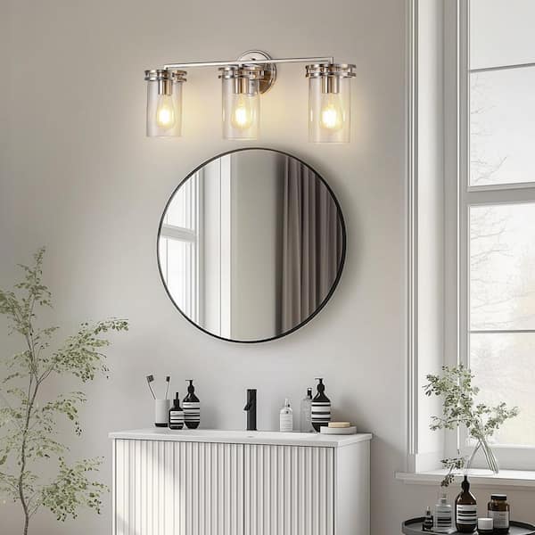 24 in. 3-Light Modern Vanity Light with Brushed Nickel and Glass Shades