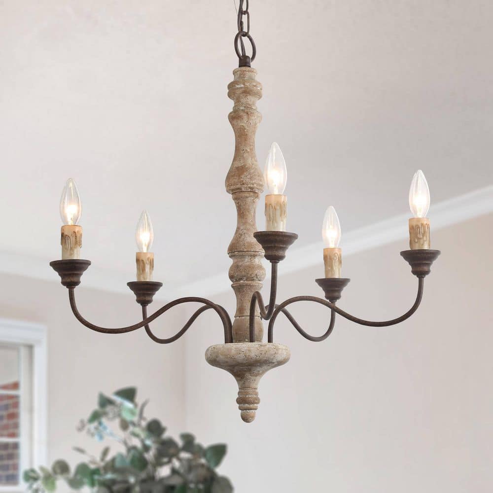 セール価格❤️candle house❤️ベージュ×茶 リビング✲ガーデニング❤️ LNC Wood Candle Chandelier 5-Light Weathered White Dining Room