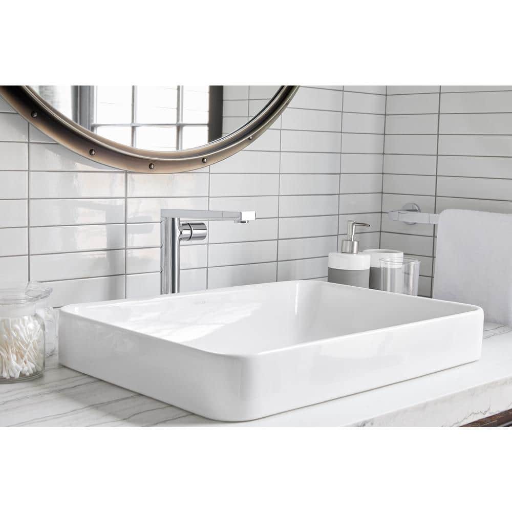White Ceramic Rectangular Vessel Bathroom Sink with Overflow