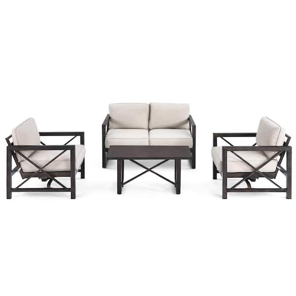 Gymax 4-Piece Metal Patio Conversation Furniture Set with 2 Rocking Chairs and with Beige Thick Cushions