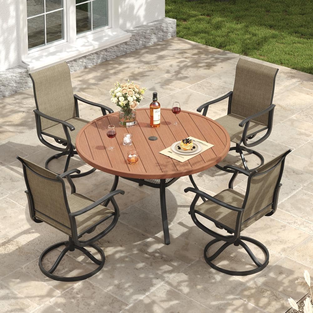5-Piece Metal Outdoor Patio Dining Set with Round Table and High Back Padded Textilene Swivel Chairs in Brown price history on PriceWatchPro