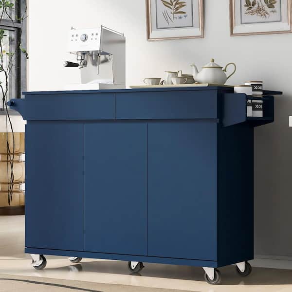 Rolling Navy Blue Drop Leaf Wood Tabletop 53 in. Kitchen Island with Adjustable Shelves and Fixed Feet