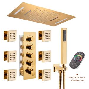 Luxury 4-Spray Patterns 15 x 23 in. Ceiling Mount Rainfall Dual Shower Heads with 6-Jet LED and Music in Brushed Gold