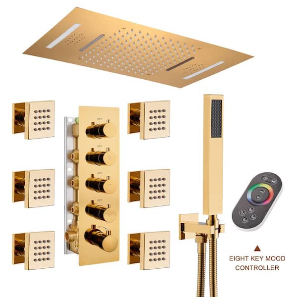 Mondawe Luxury 4-Spray Patterns 15 x 23 in. Ceiling Mount Rainfall Dual Shower Heads with 6-Jet LED and Music in Gold