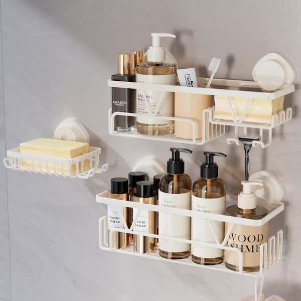 Bath Suction Mount Effortless Installation Anti-Wobble Reusable Shower Caddy with Soap Holder, Hooks, in White (3 Pack)