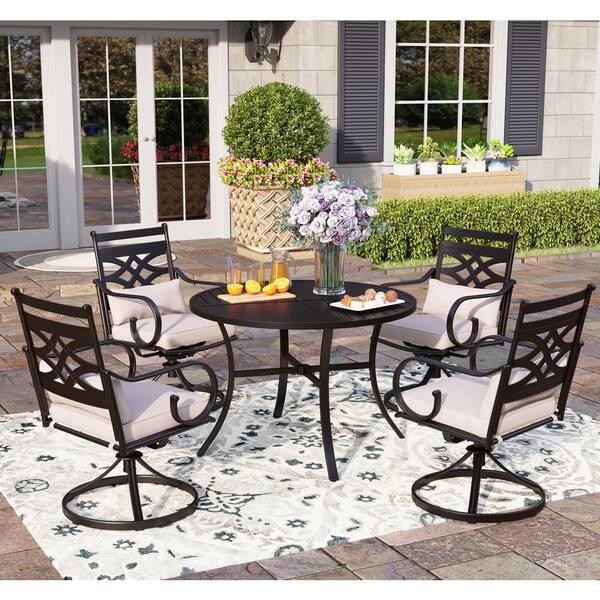 PHI VILLA 5Piece Metal Outdoor Dining Set with Beige Cushions and