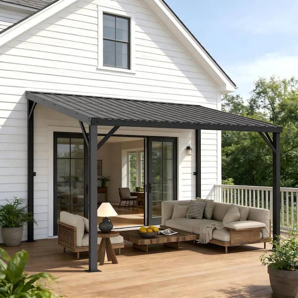 12 ft. x 10 ft. Large Heavy Duty Metal Outdoor Pergola Gazebo, Wall-Mounted Lean to Awning Gazebo with Roof