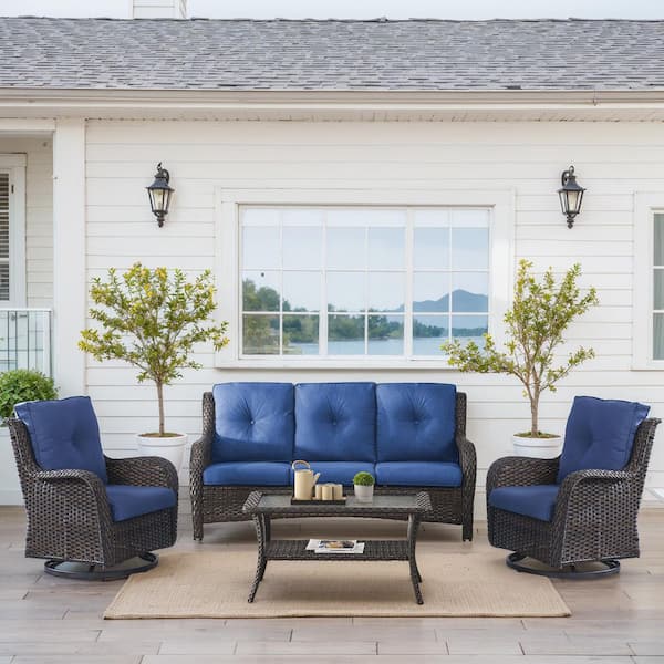 Gymojoy Carlos Brown 4-Piece Wicker Patio Conversation Set with Swivel Rocking Chair, CushionGuard Blue Cushions