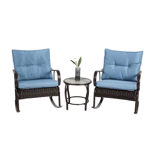 Unbranded 3-Piece Metal Patio Outdoor Rocking Chair Set with Blue Thickened Cushions and Glass Side Table for Backyard