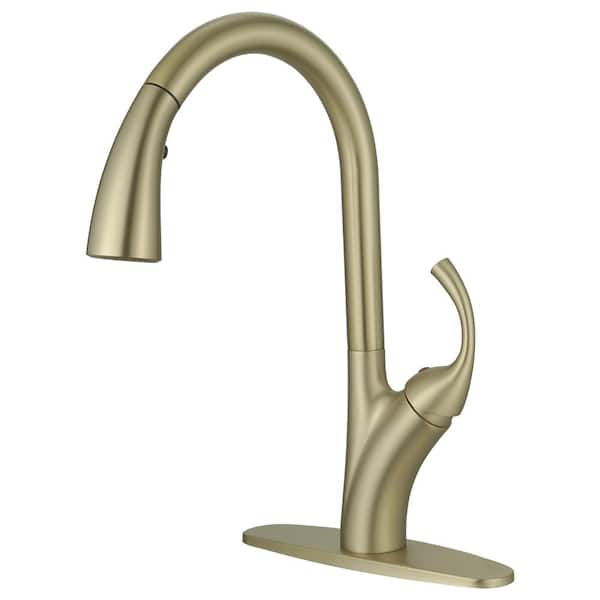 BWE Single Handle Deck Mount Pull Down Sprayer Kitchen Faucet in Brushed Gold