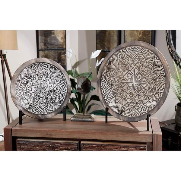 Litton Lane "Hand-Carved Round Tribal Patterns" Framed Wooden Wall Art (Set of 2)