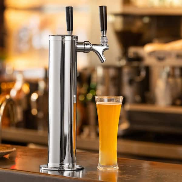 Kegerator Tower Kit Dual Taps Beer Conversion Kit Keg Beer Tower Dispenser Silver Stainless Steel with Dual Gauge