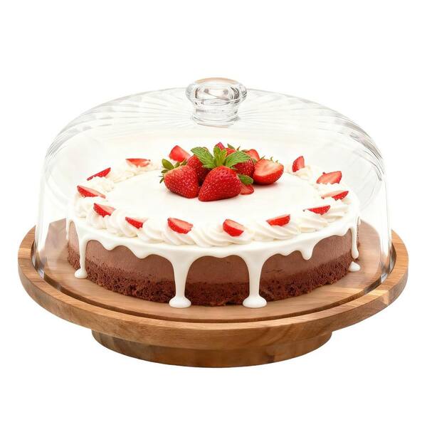 Brown 1-Tier Acacia Wood Round Cake Stand with Lid, Acrylic Cake Stand for Wedding, Birthday, Parties, Kitchen Baking