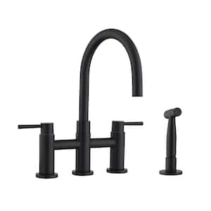 Double Handles Deck Mount Bridge Kitchen Faucet with Side Sprayer 360 Swivel Spout in Matte Black