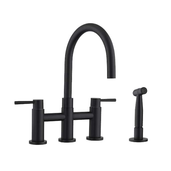 YASINU Double Handles Deck Mount Bridge Kitchen Faucet with Side Sprayer 360 Swivel Spout in Matte Black