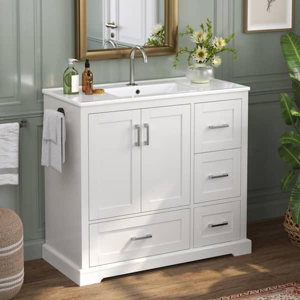 42" White Bathroom Vanity with Ceramic Sink ,4 Drawers,Soft-Close Doors,Inner Shelves, Reversible Side Towel Rack