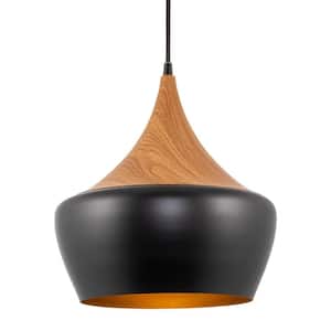 Ava 60-Watt 1-Light Natural Wood Modern Pendant Light with Black Shade, No Bulb Included