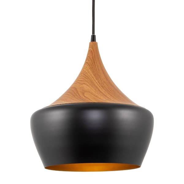 Kira Home Ava 60-Watt 1-Light Natural Wood Modern Pendant Light with Black Shade, No Bulb Included