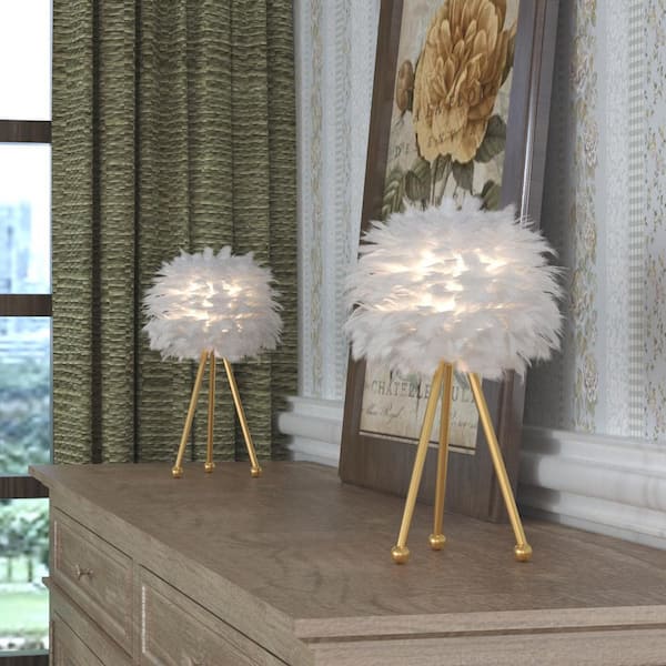 Columbus 19 " Gold Tripod Table Lamp Set With White Feather (Set of 2)
