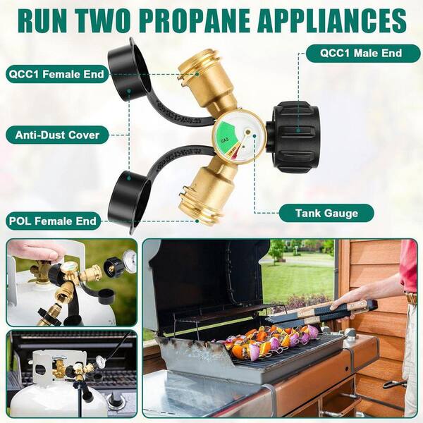SHINESTAR Propane Y Splitter with Gauge, LP Gas Tank Tee Adapter for