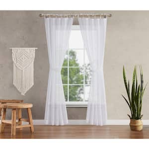 Nora Embroidered 52 in. W x 84 in. L Polyester Faux Linen Sheer Grommet Tiebacks Curtain in White (2 Panels)