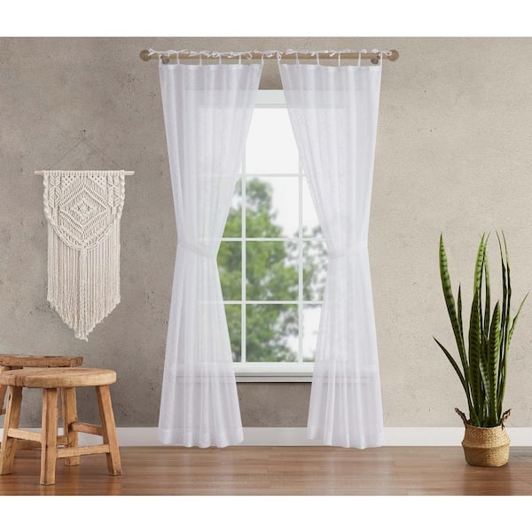 Jessica Simpson Nora Embroidered 52 in. W x 84 in. L Polyester Faux Linen Sheer Grommet Tiebacks Curtain in White (2 Panels)
