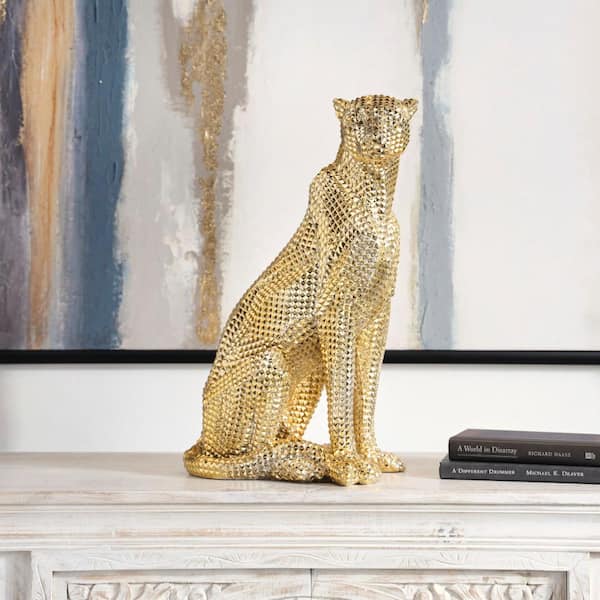 Litton Lane Gold Resin Sitting Leopard Sculpture with Diamond