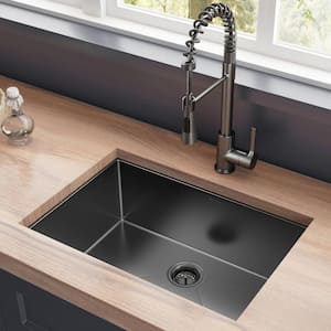 27 in. Undermount Single Bowl 18 Gauge Gunmetal Black Stainless Steel Kitchen Sink with Black Spring Neck Faucet