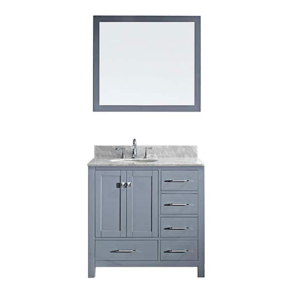 Virtu USA Caroline Avenue 36 in. W Bath Vanity in Gray with Marble Vanity Top in White with Round Basin and Mirror