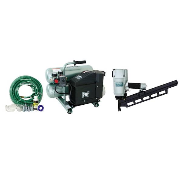 Hitachi Framing Nailer Kit with 3-1/4 in. Stick Round Head Framing Nailer, 4-Gal. Air Compressor, Hose and Fittings-DISCONTINUED